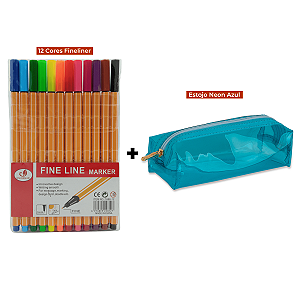 Kit Canetas Fineliner 12 Cores Amarela + Estojo Baú Neon PVC Transparente Azul