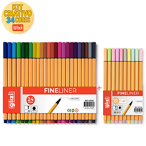 Kit Canetas Glizi – 24 Fineliner Cores Vivas + 10 Fineliner Pastel