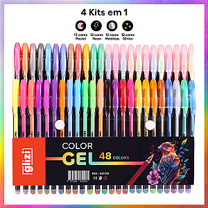 Caneta Color Gel Glizi – Kit 48 Cores (Pastel, Neon, Glitter e Metálicas)