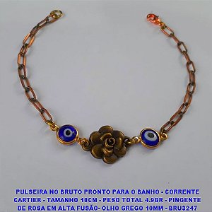 PULSEIRA NO BRUTO PRONTO PARA O BANHO - CORRENTE CARTIER - TAMANHO 18CM - PESO TOTAL 4.9GR - PINGENTE DE ROSA EM ALTA FUSÃO- OLHO GREGO 10MM - BRU3247