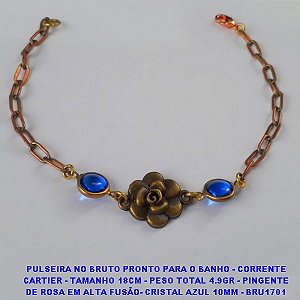 PULSEIRA NO BRUTO PRONTO PARA O BANHO - CORRENTE CARTIER - TAMANHO 18CM - PESO TOTAL 4.9GR - PINGENTE DE ROSA EM ALTA FUSÃO- CRISTAL AZUL 10MM - BRU1701