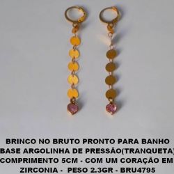 BRINCO NO BRUTO PRONTO PARA BANHO BASE ARGOLINHA DE PRESSÃO(TRANQUETA) COMPRIMENTO 5CM - COM UM CORAÇÃO EM  ZIRCONIA -  PESO 2.3GR - BRU4795
