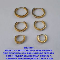 BRINCO*** NO BRUTO PRONTO PARA O BANHO  TRIO DE BRINCO COM AGOLINHAS DE PRESSÃO(TRANQUETA)  COM UMA FILEIRA DE ZIRCONIA '' CRISTAL '') - TAMANHO 16/12/10MM(PESO DO TRIO 4.3GR BRU6186