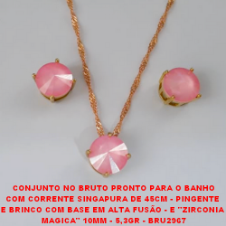 CONJUNTO NO BRUTO PRONTO PARA O BANHO COM CORRENTE SINGAPURA DE 45CM - PINGENTE  E BRINCO COM BASE EM ALTA FUSÃO - E ''ZIRCONIA  MAGICA'' 10MM - 5,3GR - BRU2967