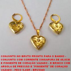 CONJUNTO NO BRUTO PRONTO PARA O BANHO -  CONJUNTO COM COR. SINGAPURA DE 45,0CM E PING.  DE CORAÇÃO VAZADO - E BRINCO COM ARGOLA DE  PRESSÃO E ''PINGENTE'' DE CORAÇÃO VAZADO - PESO  5,4GR - BRU3340