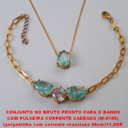 CONJUNTO NO BRUTO PRONTO PARA O BANH0  COM PULSEIRA CORRENTE CADEADO (M-0188)  (gargantilha com corrente veneziana 45cm)11,8GR  - COM BASE EM ALTA FUSÃO - E ZIRCONIAS COLORIDA BRU0589