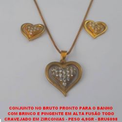 CONJUNTO NO BRUTO PRONTO PARA O BANHO COM BRINCO E PINGENTE EM ALTA FUSÃO TODO CRAVEJADO EM ZIRCONIAS - PESO 4,9GR - BRU6098