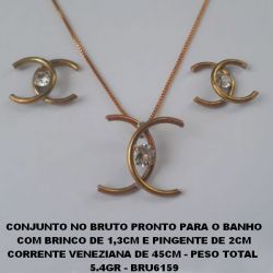 CONJUNTO NO BRUTO PRONTO PARA O BANHO COM BRINCO DE 1,3CM E PINGENTE DE 2CM CORRENTE VENEZIANA DE 45CM - PESO TOTAL  5.4GR - BRU6159