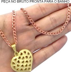 GARGANTILHA NO BRUTO PRONTO PARA O BANHO COM CORRENTE SORTIDA EM FORMA DE CORAÇÃO 15GR TAMANHO APROXIMADO:60CM PINGENTE:3X3CM REF.BRU2091