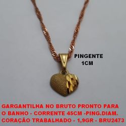 GARGANTILHA NO BRUTO PRONTO PARA  O BANHO - CORRENTE 45CM -PING.DIAM. CORAÇÃO TRABALHADO PEQUENO - 1,9GR - BRU2473