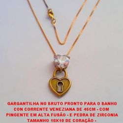 GARGANTILHA NO BRUTO PRONTO PARA O BANHO CON CORRENTE VENEZIANA DE 45CM - COM  PINGENTE EM ALTA FUSÃO - E PEDRA DE ZIRCONIA TAMANHO 10X10 DE CORAÇÃO -  4,4GR  - BRU1540