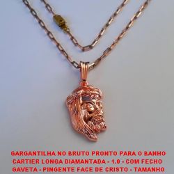 GARGANTILHA NO BRUTO PRONTO PARA O BANHO CARTIER LONGA DIAMANTADA - 1.0 - COM FECHO  GAVETA - PINGENTE FACE DE CRISTO - TAMANHO 3X2CM - CORRENTE 60CM - 19GR -BRU097