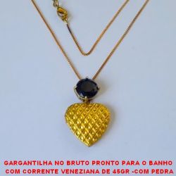 GARGANTILHA NO BRUTO PRONTO PARA O BANHO  COM CORRENTE VENEZIANA DE 45GR -COM PEDRA 10X10MM - COM PEDRA DE ZIRCONIA E BASE EM ALTA FUSÃO - E RELICARIO DE CORAÇÃO - 2CM - BRU269
