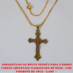 GARGANTILHA NO BRUTO PRONTO PARA O BANHO CORDÃO IMPORTADO DIAMANTADO DE 50CM - COM  PINGENTE DE CRUZ - 6,4GR  -  BRU2600