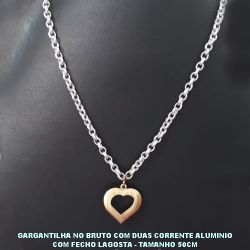 GARGANTILHA NO BRUTO COM DUAS CORRENTE ALUMINIO COM FECHO LAGOSTA - TAMANHO 50CM  PINGENTE DE CORAÇÃO - EM LATÃO - PESO 10GR BRU2608