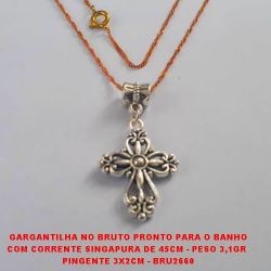 GARGANTILHA NO BRUTO PRONTO PARA O BANHO COM CORRENTE SINGAPURA DE 45CM - PESO 3,1GR  PINGENTE 3X2CM - BRU2660