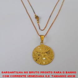 GARGANTILHA NO BRUTO PRONTO PARA O BANHO (DIA) COM CORRENTE VENEZIANA 0,8  TAMANHO 45CM PINGENTE DIAMANTADO 2,5CM - ESPIRITO SANTO BRU3522
