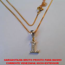 GARGANTILHA BRUTO PRONTO PARA BANHO CORRENTE VENEZIANA 45CM+EXTENSOR  (TT)PINGENTE COM A LETRA ''L'' CRAVEJADA EM MICRO ZIRCONIAS PESO TOTAL 3GR - BRU3461