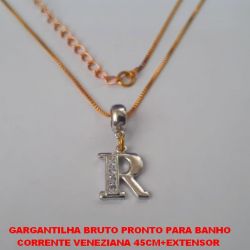 GARGANTILHA BRUTO PRONTO PARA BANHO(TT) CORRENTE VENEZIANA 45CM+EXTENSOR  (TT)PINGENTE COM A LETRA ''R'' CRAVEJADA EM MICRO ZIRCONIAS PESO TOTAL 3GR - BRU4586