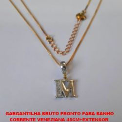 GARGANTILHA BRUTO PRONTO PARA BANHO CORRENTE VENEZIANA 45CM+EXTENSOR  (TT)PINGENTE COM A LETRA ''M'' CRAVEJADA EM MICRO ZIRCONIAS PESO TOTAL 3GR - BRU4005