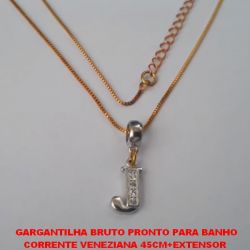 GARGANTILHA BRUTO PRONTO PARA BANHO(CX114) CORRENTE VENEZIANA 45CM+EXTENSOR  (TT)PINGENTE COM A LETRA ''J'' CRAVEJADA EM MICRO ZIRCONIAS PESO TOTAL 3GR - BRU0977