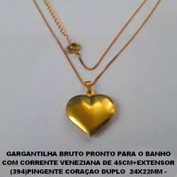 GARGANTILHA BRUTO PRONTO PARA O BANHO COM CORRENTE VENEZIANA DE 45CM+EXTENSOR (394)PINGENTE CORAÇAO DUPLO  24X22MM - - PESO TOTAL 4,8GR - BRU0341