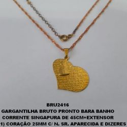 GARGANTILHA NO BRUTO PRONTO BARA BANHO CORRENTE SINGAPURA DE 45CM+EXTENSOR (3231) CORAÇÃO 25MM C/ N. SR. APARECIDA E DIZERES PESO TOTAL 4.2GR - BRU2416