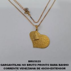 GARGANTILHA NO BRUTO PRONTO BARA BANHO CORRENTE VENEZIANA DE 45CM+EXTENSOR (3231) CORAÇÃO 25MM C/ N. SR. APARECIDA E DIZERES PESO TOTAL 4.2GR - BRU3525