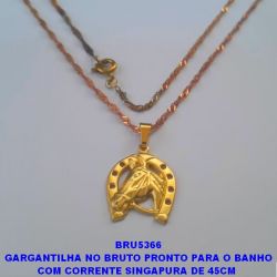 GARGANTILHA NO BRUTO PRONTO PARA O BANHO COM CORRENTE SINGAPURA DE 45CM  PINGENTE CAVALO C/ FERRADURA 18MM (2508) PESO TOTAL 3.0GR - BRU5366