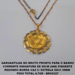 GARGANTILHA NO BRUTO PRONTO PARA O BANHO CORRENTE SINGAPURA DE 45CM (448) PING REDONDO BORDA VAZ C/ ESTRELA DAVI 30MM - PESO TOTAL  4.7GR - BRU5327