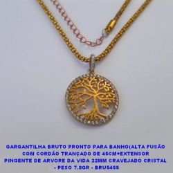GARGANTILHA BRUTO PRONTO PARA BANHO(ALTA FUSÃO COM CORDÃO TRANÇADO DE 45CM+EXTENSOR PINGENTE DE ARVORE DA VIDA 22MM CRAVEJADO CRISTAL  - PESO 7.8GR - BRU5455
