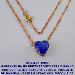 GARGANTILHA NO BRUTO PRONTO PARA O BANHO COM CORRENTE SINGAPURA DE 45CM - PINGENTE DE 10X10MM - (BASE EM LATÃO) COM ZIRCONIA DE  CORAÇÃO - PESO 2.5GR - BRU5581