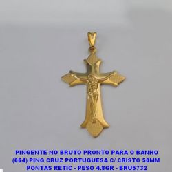 PINGENTE NO BRUTO PRONTO PARA O BANHO (664) PING CRUZ PORTUGUESA C/ CRISTO 50MM  PONTAS RETIC - PESO 4.8GR - BRU5732