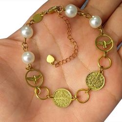 Pulseira No Bruto Pronto Para Banho Com Perolas De 8mm E Pingente Espirito Santo, São Bento Tamanho Aproximado: 20,0cm Extensor: 5,0cm Peso: 5,9 gramas REF: BRU140A