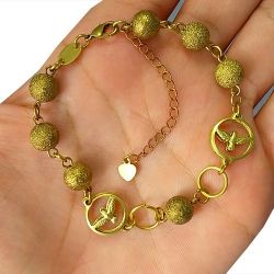Pulseira No Bruto Pronto Para Banho Com Bolas De 8mm Diamantada e Espirito Santo tamanho Aproximado: 20,0cm Extensor: 5,0cm Peso:6,4 gramas REF: BRU141A
