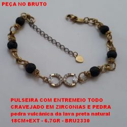 PULSEIRA NO BRUTO PRONTO PARA O BANHO PULSEIRA COM ENTREMEIO TODO CRAVEJADO EM ZIRCONIAS E PEDRA pedra vulcânica da lava preta natural 18CM+EXT - 6.7GR - BRU2330