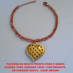 PULSEIRA NO BRUTO PRONTO PARA O BANHO CORDÃO TODO TANÇADO 19CM - COM PINGENTE  EM CORAÇÃO DUPLO - 9,4GR -BRU209