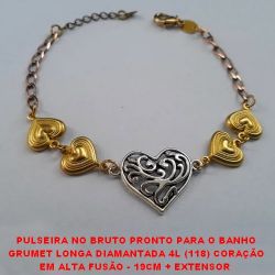 PULSEIRA NO BRUTO PRONTO PARA O BANHO GRUMET LONGA DIAMANTADA 4L (M-188) CORAÇÃO EM ALTA FUSÃO - 19CM + EXTENSOR  COM FECHO LAGOSTA - PESO 6,GR - BRU1705