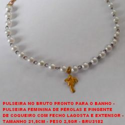 PULSEIRA NO BRUTO PRONTO PARA O BANHO - PULSEIRA FEMININA DE PÉROLAS E PINGENTE  DE COQUEIRO COM FECHO LAGOSTA E EXTENSOR -  TAMANHO 21,5CM - PESO 2,5GR - BRU3182