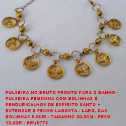 PULSEIRA NO BRUTO PRONTO PARA O BANHO - (1989) COM BOLINHAS E  PENDURICALHOS DE ESPÍRITO SANTO +  EXTENSOR E FECHO LAGOSTA - LARG. DAS  BOLINHAS 0,6CM - TAMANHO 20,0CM - PESO  12,4GR - BRU0773