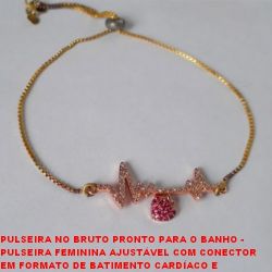 PULSEIRA NO BRUTO PRONTO PARA O BANHO - PULSEIRA FEM. AJUSTÁVEL COM CONECTOR EM  FORM. DE BATIMENTO CARDÍACO E PING. DE CORAÇÃO  TODO CRAV. EM MICRO ZIRCONIAS - TAM. APROX.  26,2CM - PESO 3,2GR - BRU3051