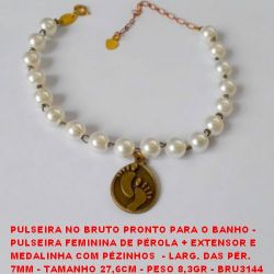 PULSEIRA NO BRUTO PRONTO PARA O BANHO -  PULSEIRA FEMININA DE PÉROLA + EXTENSOR E MEDALINHA COM PÉZINHOS  - LARG. DAS PÉR.  7MM - TAMANHO 27,6CM - PESO 8,3GR - BRU3144