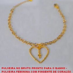 PULSEIRA NO BRUTO PRONTO PARA O BANHO -  PULSEIRA FEMININA COM PINGENTE DE CORAÇÃO  COM CRUZ + EXTENSOR E FECHO LAGOSTA -  TAMANHO 15,0CM - PESO 2,8GR - BRU2335
