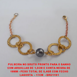 PULSEIRA NO BRUTO PRONTO PARA O BANHO COM ARGOLLAS DE 1,5CM E CONTA NEGRA DE  10MM - PESO TOTAL DE 5,4GR COM FECHO LAGOSTA  - 17CM  - BRU1191