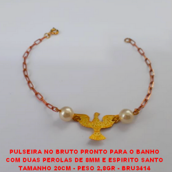 PULSEIRA NO BRUTO PRONTO PARA O BANHO COM DUAS PEROLAS DE 8MM E ESPIRITO SANTO TAMANHO 20CM - PESO 2,8GR - BRU3414