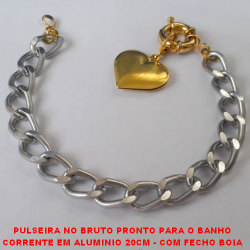PULSEIRA NO BRUTO PRONTO PARA O BANHO CORRENTE EM ALUMINIO 20CM - COM FECHO BOIA GRANDE - PINGENTE CORAÇÃO 2,5CM - CORRENTE LARGURA 1,0CM - PESO - 13GR  -BRU2607