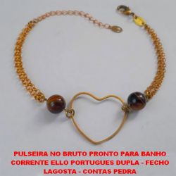 PULSEIRA NO BRUTO PRONTO PARA BANHO  CORRENTE ELLO PORTUGUES DUPLA - FECHO  LAGOSTA - CONTAS PEDRA  NATURAL OLHO DE TIGRE DE 8MM -  TAMANHO 18CM - PESO 4,5GR - COM EXTENSOR -  BRU2438