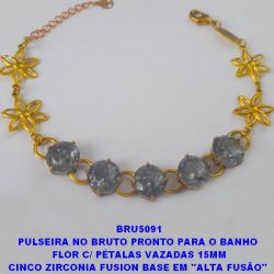 PULSEIRA NO BRUTO PRONTO PARA O BANHO  FLOR C/ PÉTALAS VAZADAS 15MM COM CINCO ZIRCONIA FUSION BASE EM ''ALTA FUSÃO''  DE 10X10MM - PESO 9.8GR - TAMANHO 19CM -  BRU5091