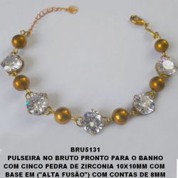 PULSEIRA NO BRUTO PRONTO PARA O BANHO COM CINCO PEDRA DE ZIRCONIA 10X10 COM  BASE EM (''ALTA FUSÃO'') COM CONTAS DE 8MM TODA EM LATÃO - TAM.18CM+EXTENSOR (13.3GR) BRU5131