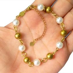 Pulseira No Bruto Pronto Para Banho Com Perolas E Bolas De 8mm Tamanho Aproximado: 20,0cm Extensor: 5,0cm Peso:6,0 gramas REF: BRU1807